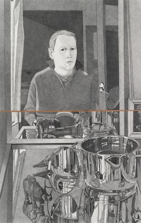 Self-portrait with Still Life of a Mirror and Stainless Steel Pots on a Mirror
