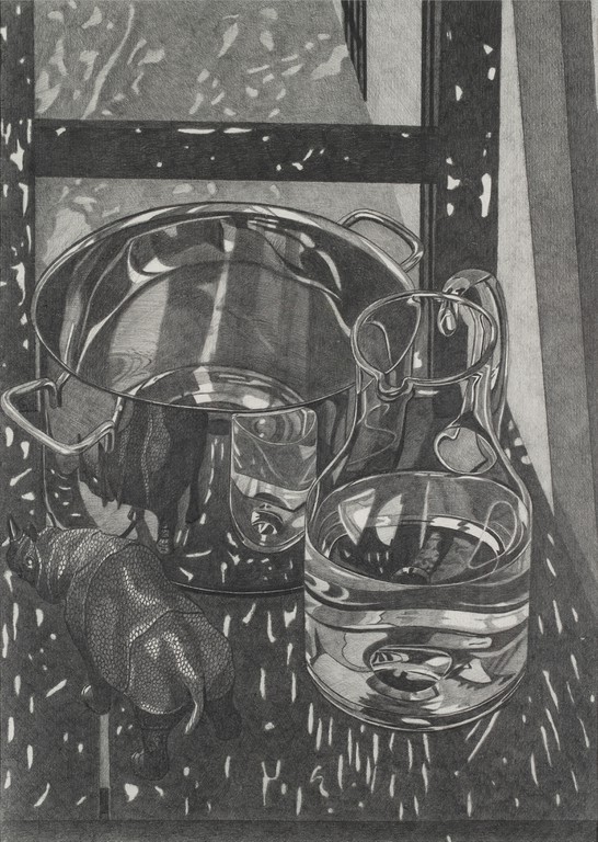 Reflection of a Glass Jug With Water and a Rhino in a Stainless Steel Pot